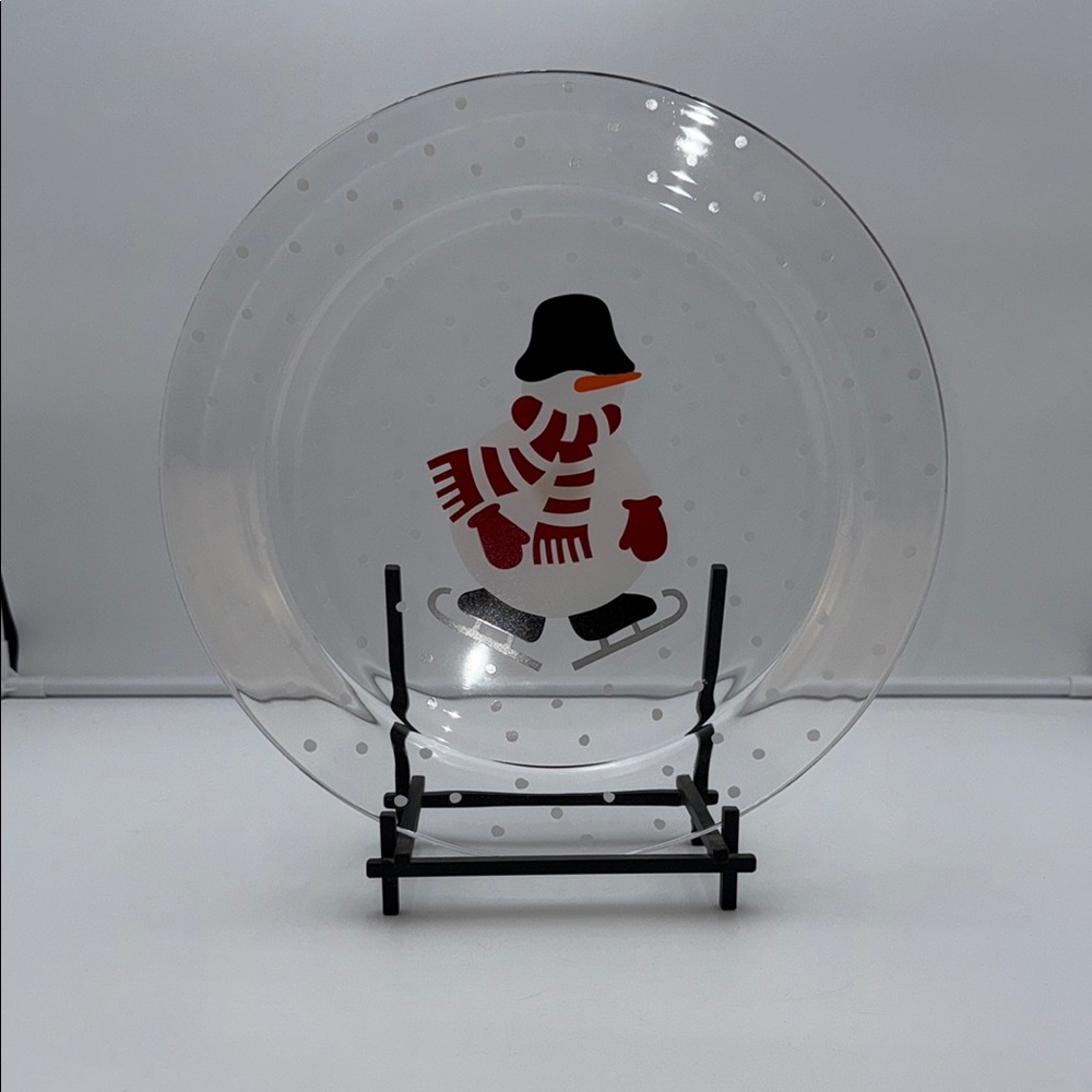 Crate & Barrel Skating Snowman 13" Round Christmas Serving Glass Platter France